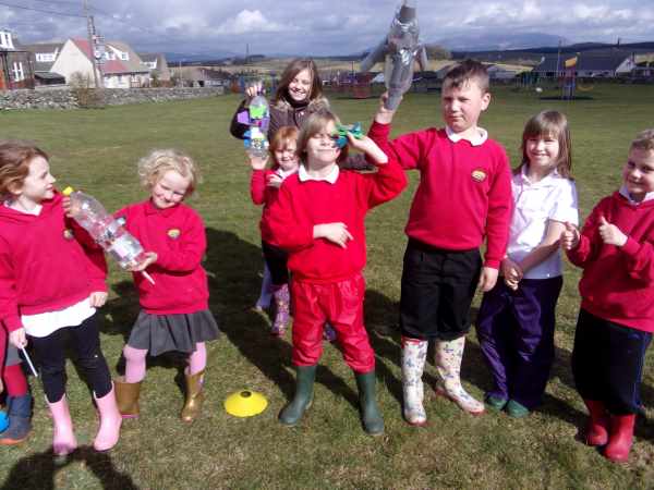Kirkcowan pupils with their rockets ready to launch
